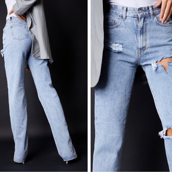 Pretty little thing Bleach light Wash Ripped Split Hem Jeans Women’s size 7/27 - Picture 2 of 10